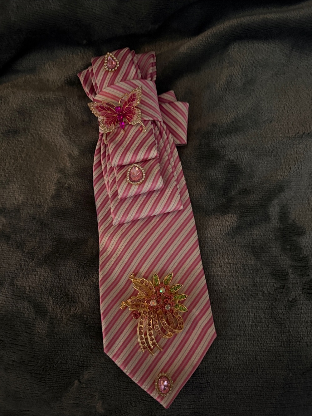 Pink Striped Decorative Tie with Crystal Brooch Accents